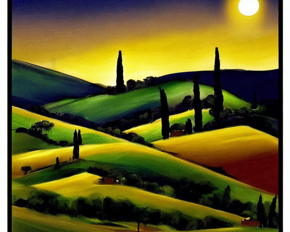 Scenic countryside painting with cypress trees, golden fields, houses, and full moon