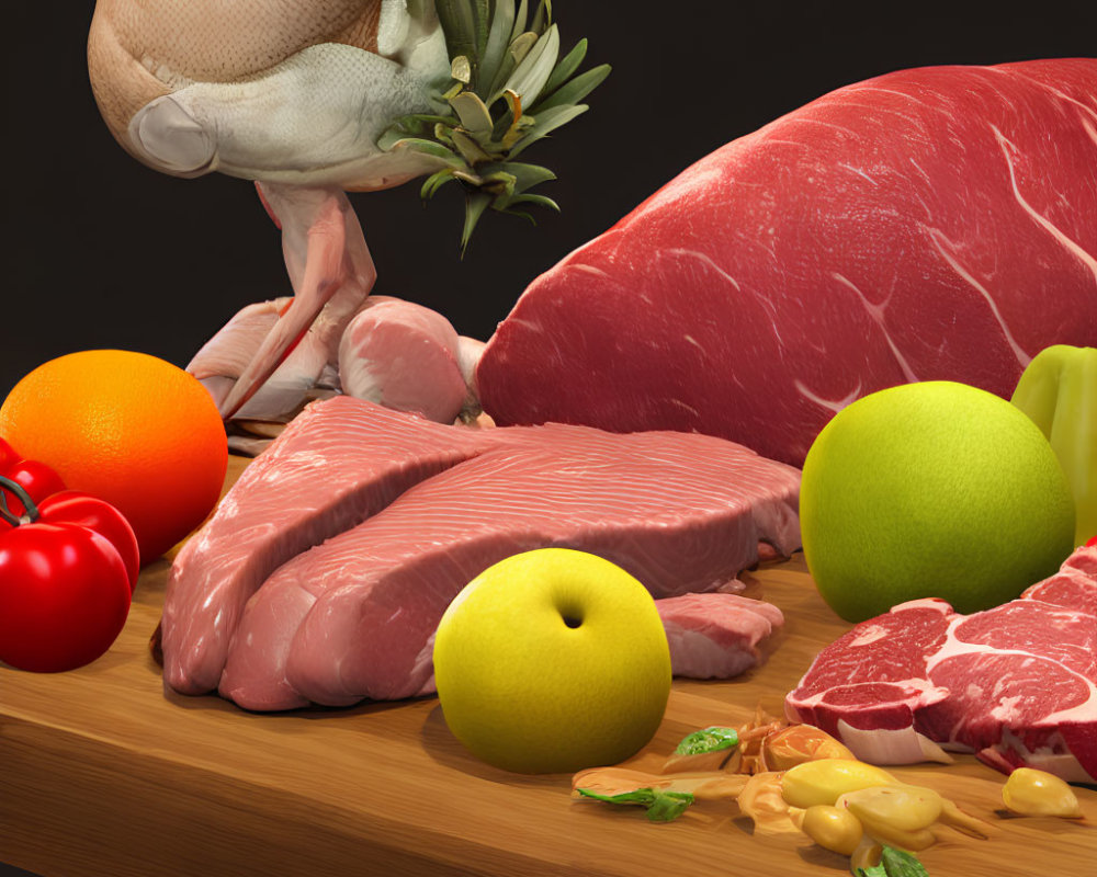 Assorted meats and fruits on wooden surface