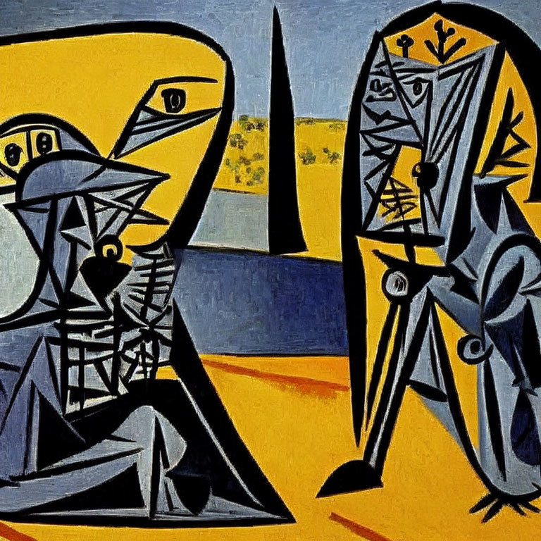 Cubist painting with distorted human figures in yellow and blue landscape