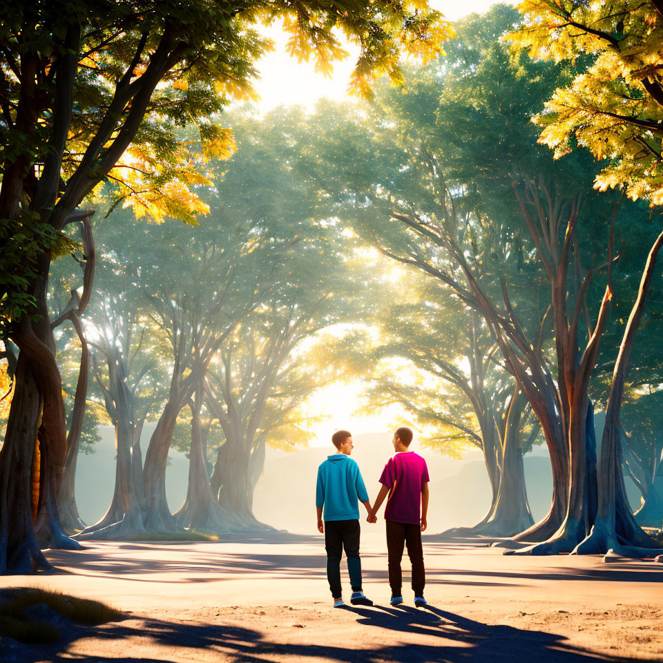 Sunlit Path with Two People Under Canopy of Trees