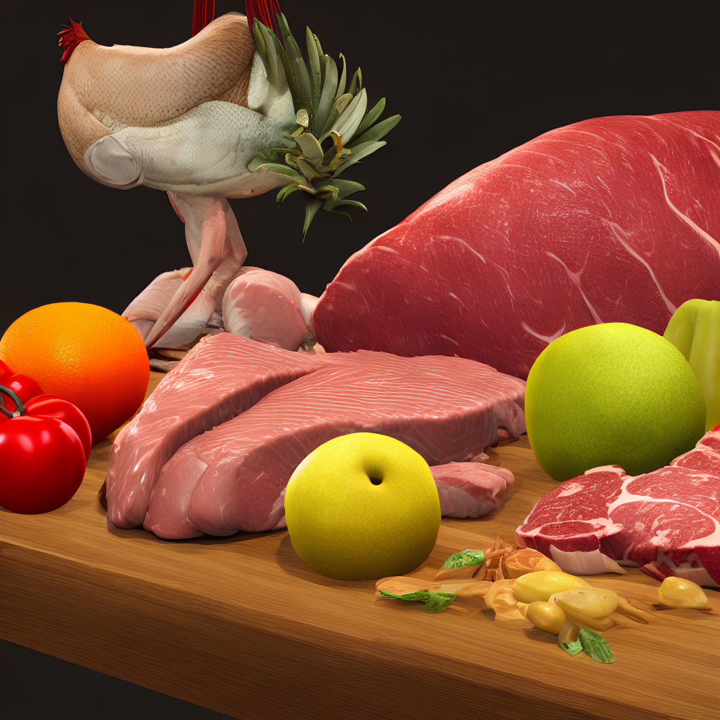 Assorted meats and fruits on wooden surface