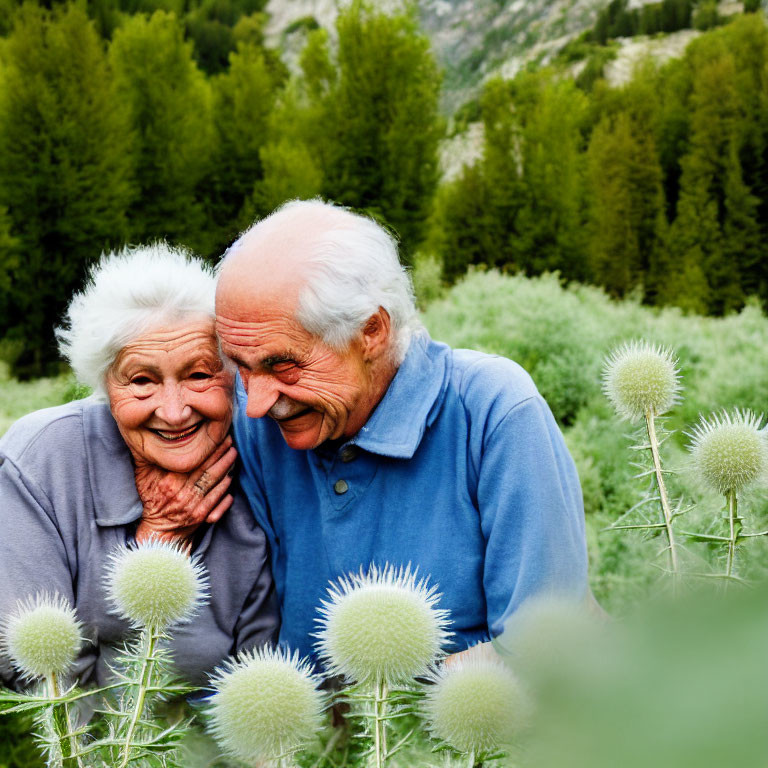 Elderly couple smiling in lush greenery with blooming thistle plants