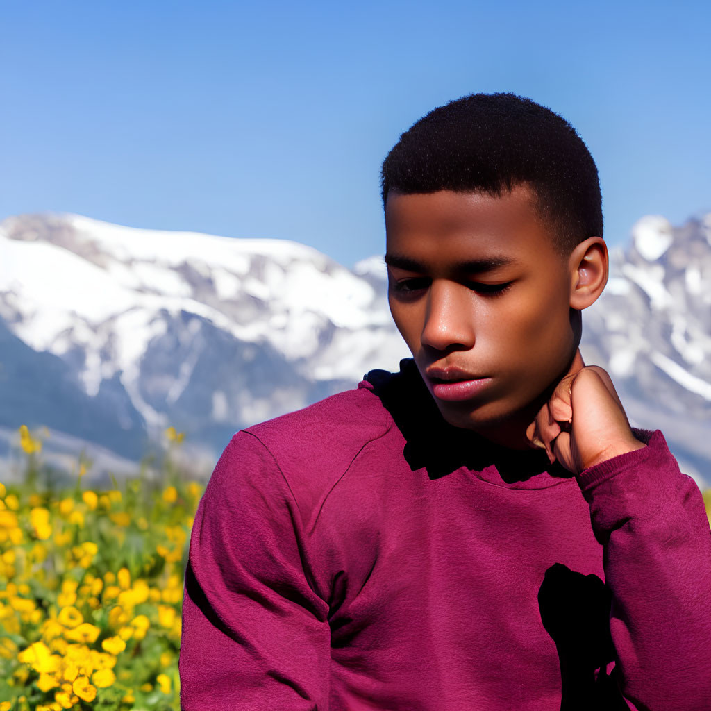 Young man in burgundy hoodie against snowy mountains and wildflowers under blue sky