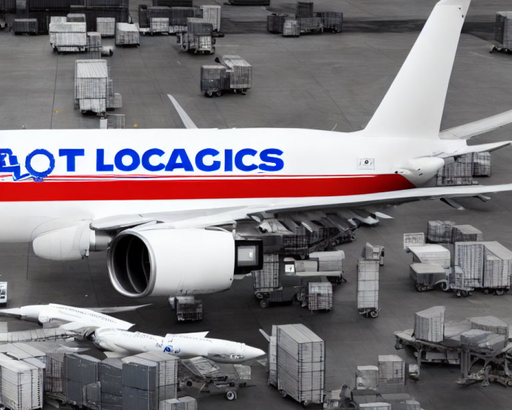 Commercial Airliner with "LOT LOGACICS" Text Surrounded by Cargo Containers