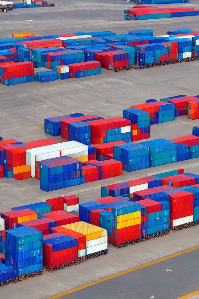 Container Terminal Aerial View: Multicolored Shipping Containers in Neat Rows