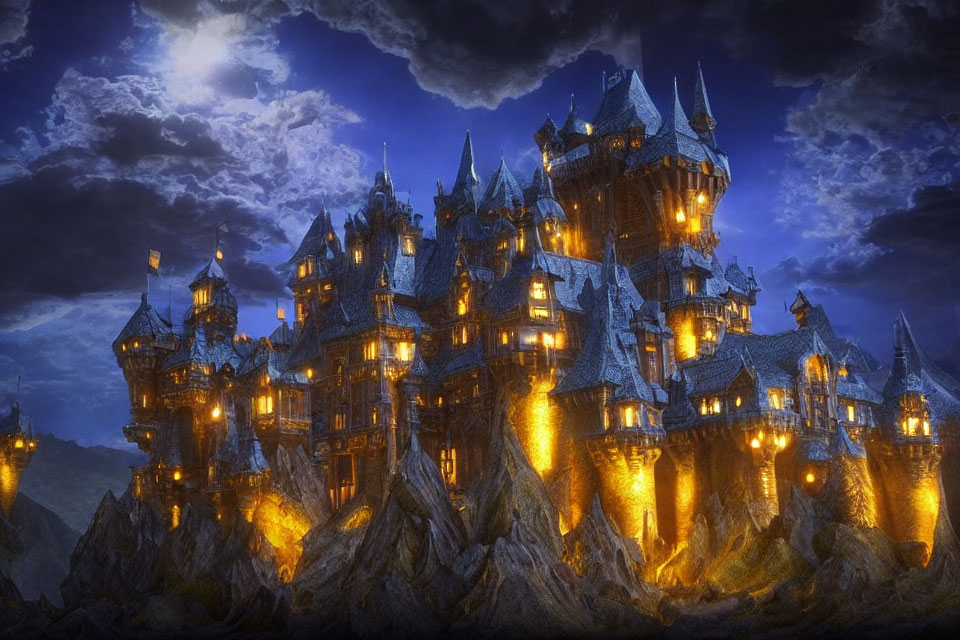 Majestic fantasy castle on rugged cliffs under moonlit sky