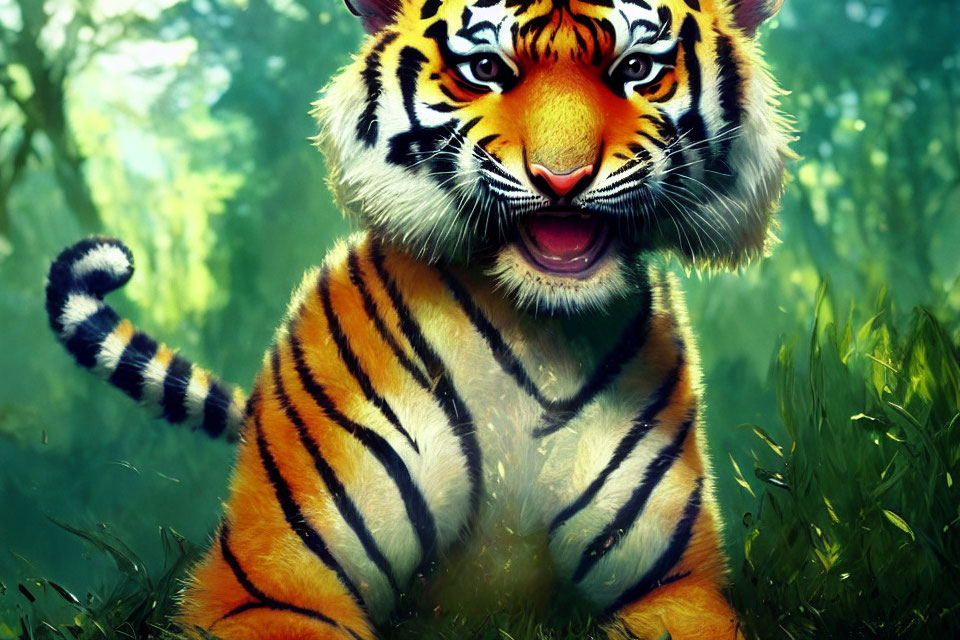 Digitally created tiger with orange fur and black stripes in lush green forest