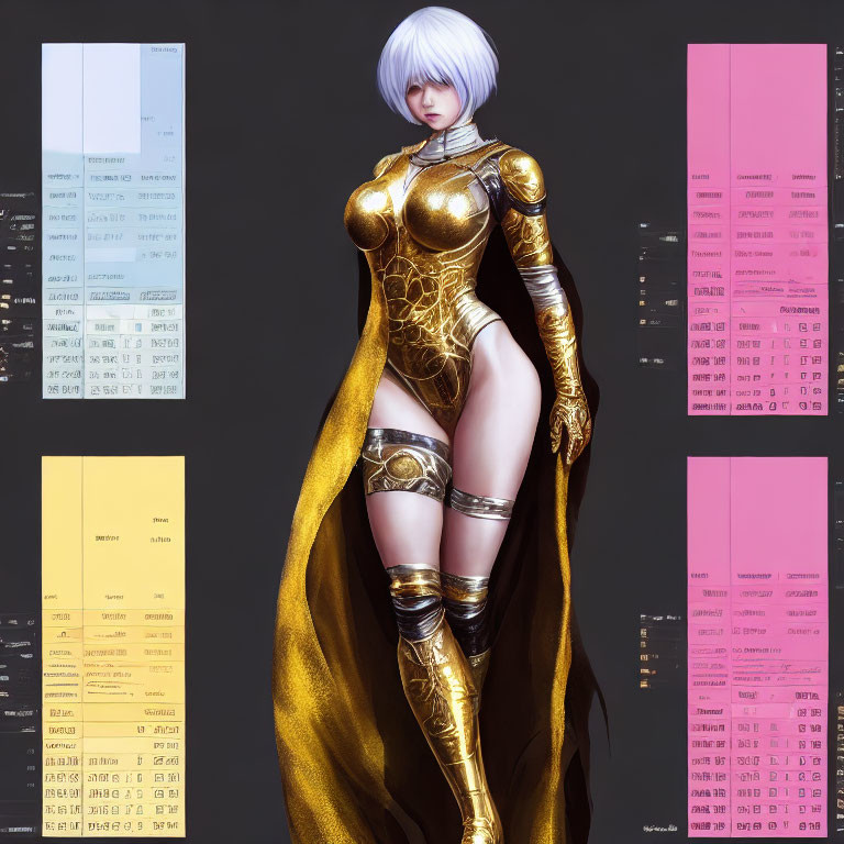 Detailed 3D illustration of female character in gold and black armor with white hair