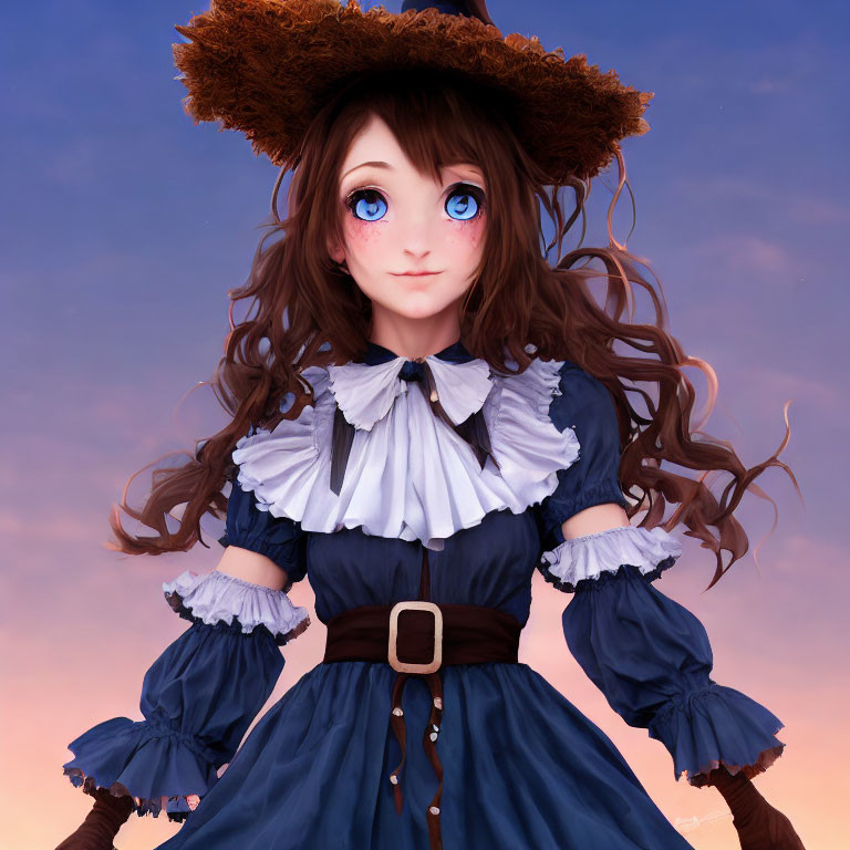 Digital Artwork: Girl with Blue Eyes and Brown Hair in Vintage Dress against Twilight Sky