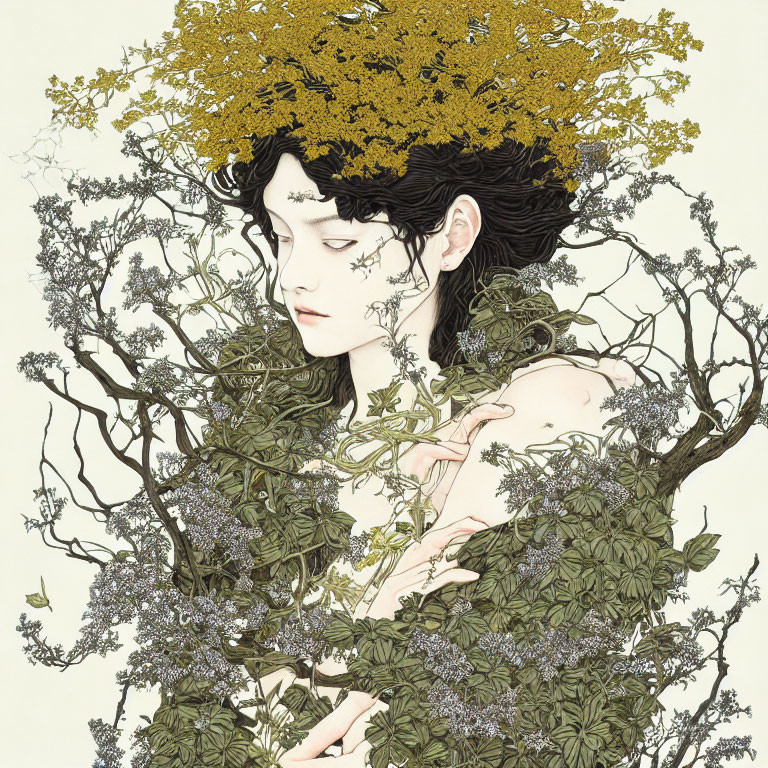 Person with Trees and Foliage Growing in Nature-Inspired Drawing