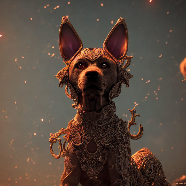 Armored dog with intricate patterns and alert ears in front of glowing embers