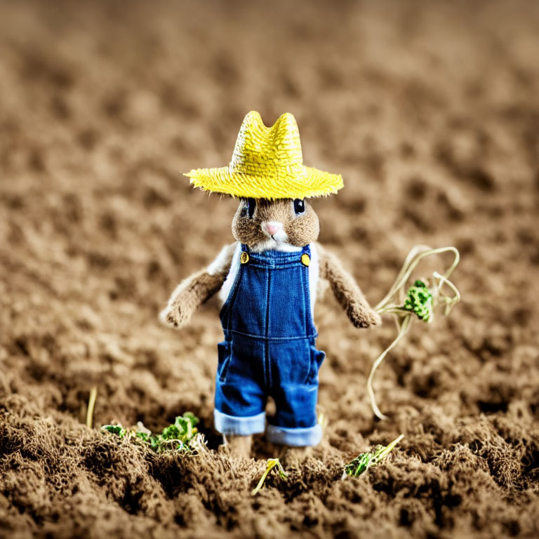 Toy Rabbit in Straw Hat and Overalls Ready for Farming