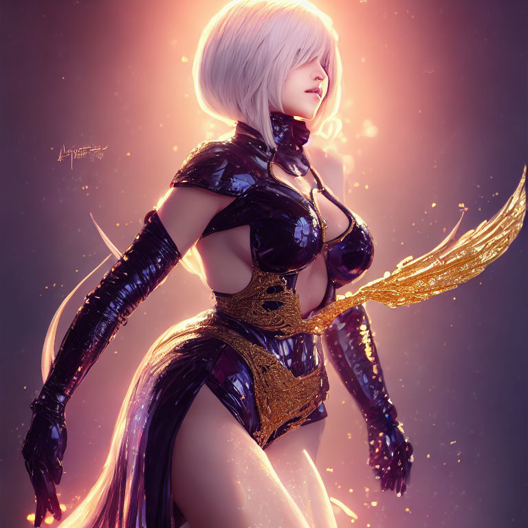 Futuristic female character in black and gold outfit with white hair