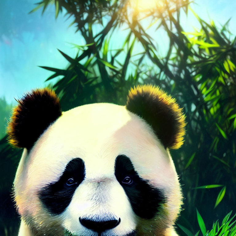 Serene panda in lush bamboo with sunlit sky