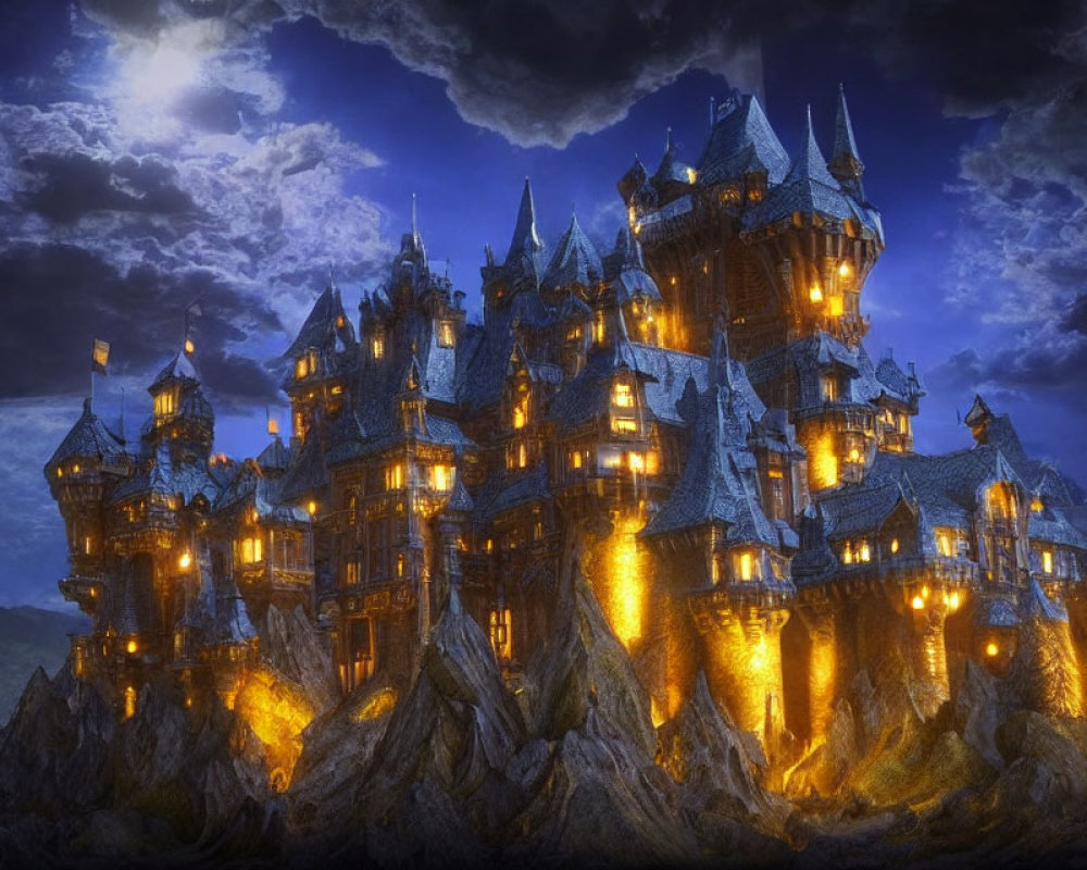 Majestic fantasy castle on rugged cliffs under moonlit sky