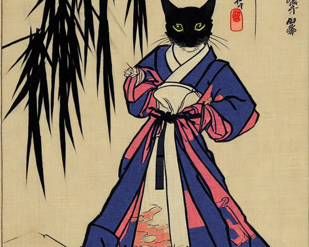 Cat with human body in Japanese attire by bamboo with red seal stamps