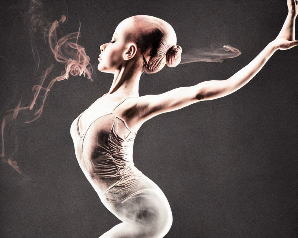 Elegant ballet dancer in silver leotard with swirling smoke effect