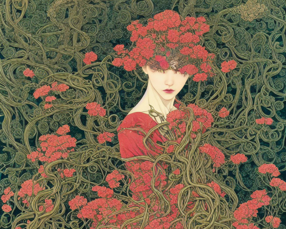 Woman with Red Flower Hair Blending into Green Vines