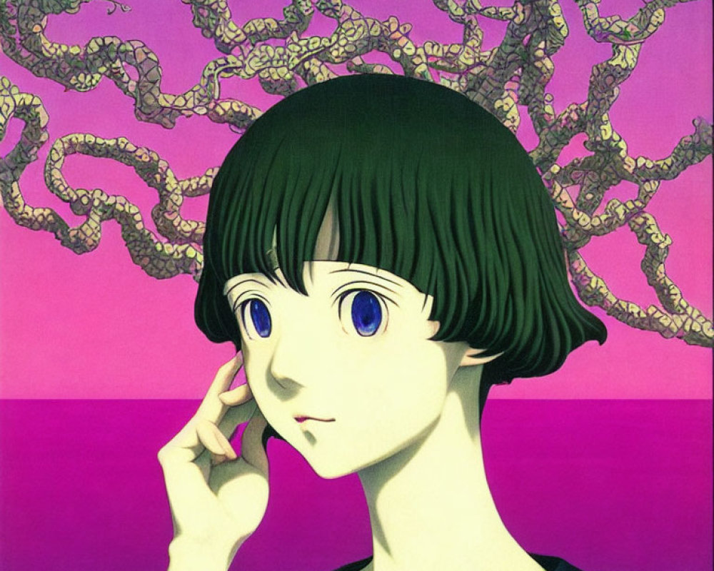 Illustration: Girl with Bobbed Hair and Blue Eyes Against Purple Backdrop