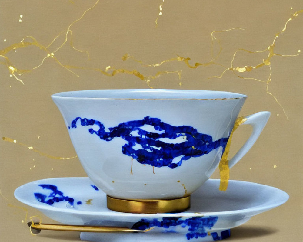 White Porcelain Teacup with Blue Abstract Design and Gold Accents on Saucer with Gold Spoon