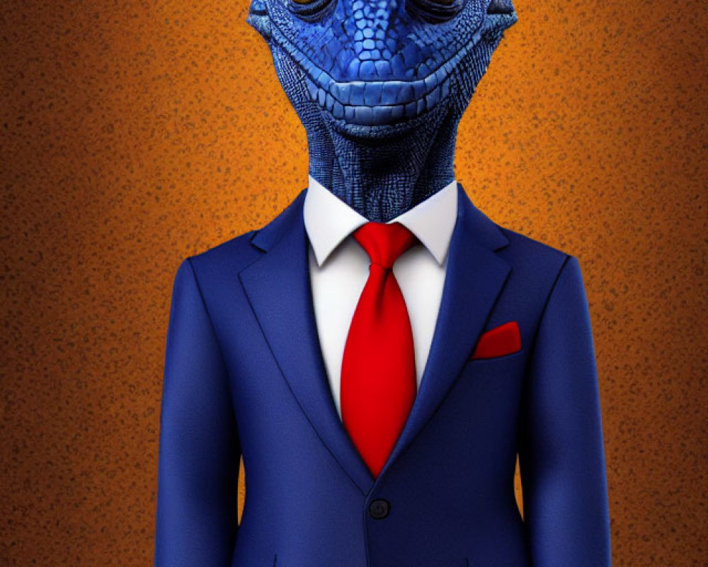 Digital artwork of lizard-headed creature in blue suit and red tie on orange background