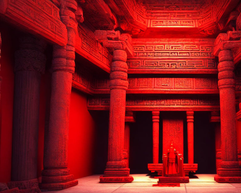 Intricate Ancient Architecture and Figure in Red-Illuminated Room