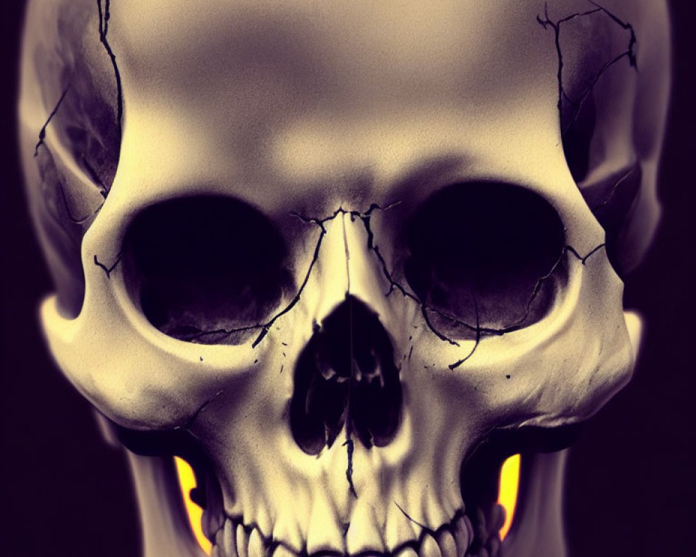 Digital artwork: Skull with glowing orange eyes and cracked features