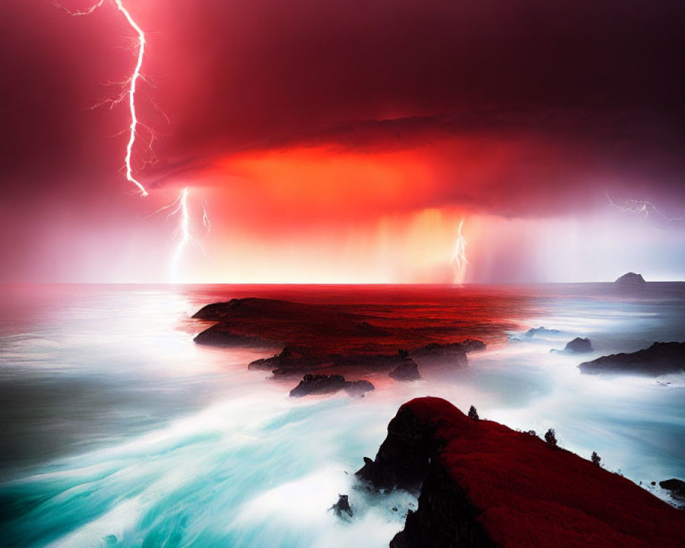 Vibrant red skies, lightning strikes, and turbulent seas on dark coastal rocks