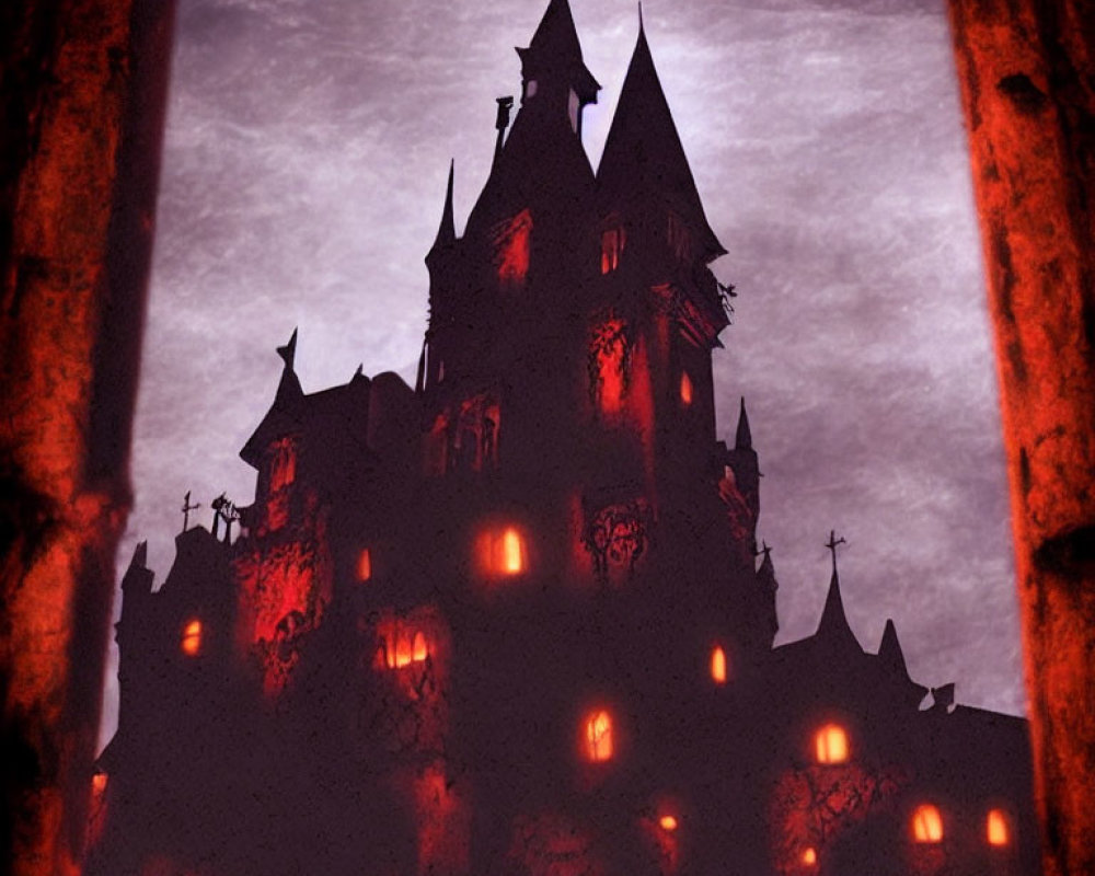 Gothic castle silhouette against crimson sky with glowing red windows
