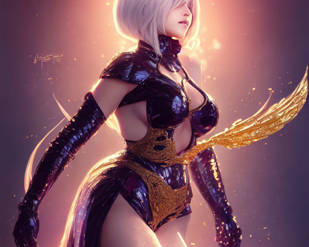 Futuristic female character in black and gold outfit with white hair