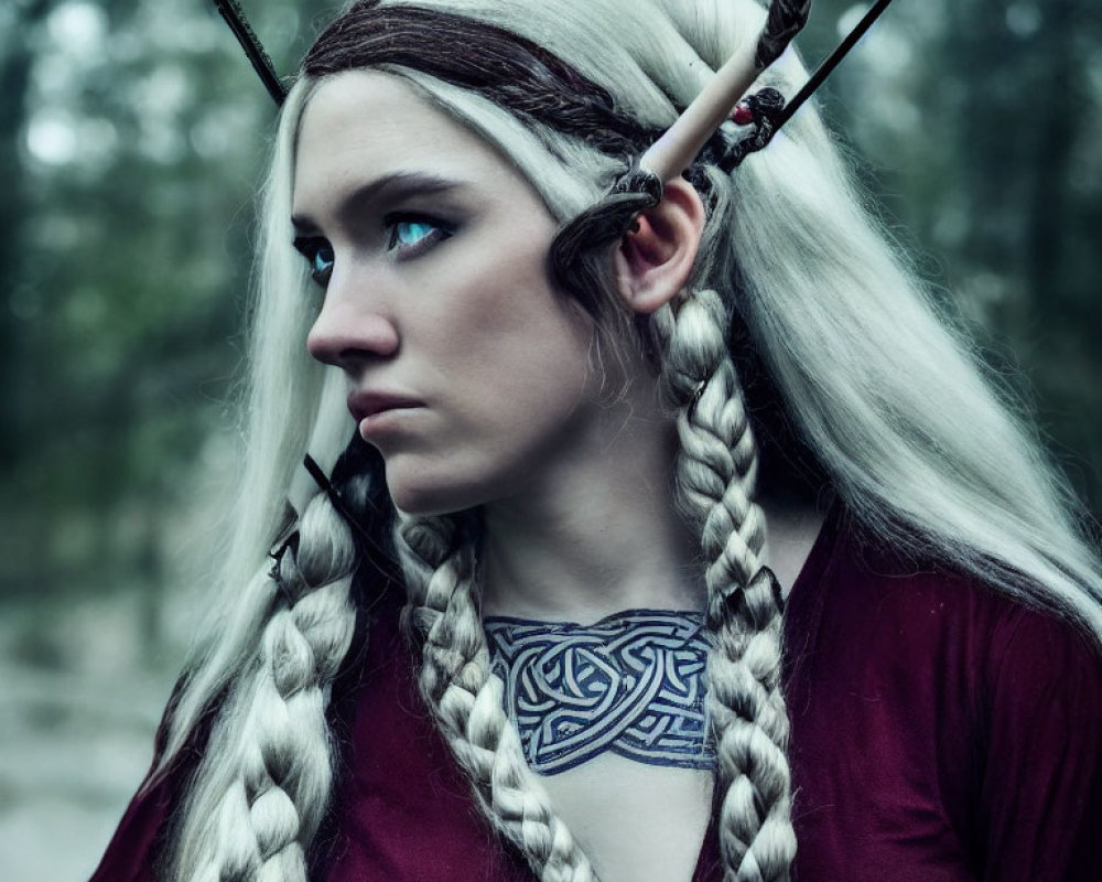 White-haired elf-like woman with braids and Celtic tattoo in burgundy top