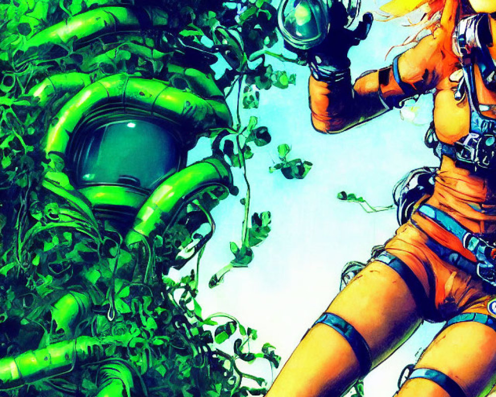 Futuristic orange person with robotic companion and green mechanical tentacles