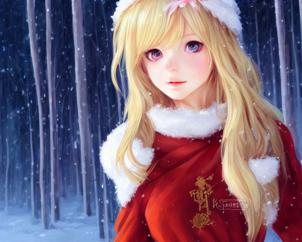 Blonde anime character with rabbit ears in Santa outfit in snowy forest