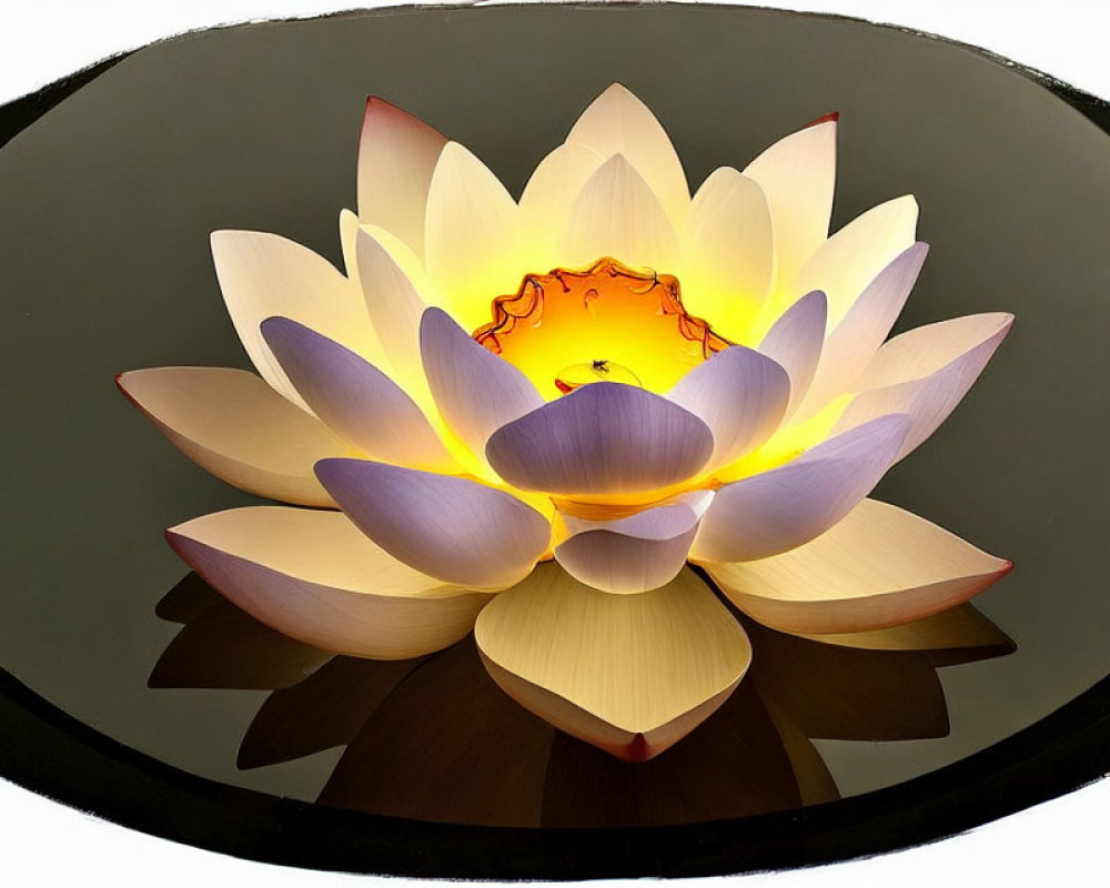 Illuminated white and purple artificial lotus flower on dark water surface