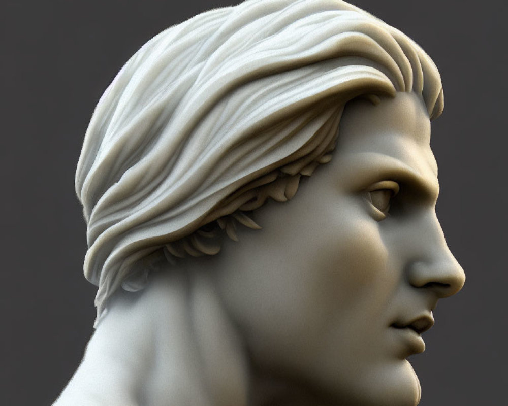 Classical sculpture bust profile with detailed hair and leaf headband
