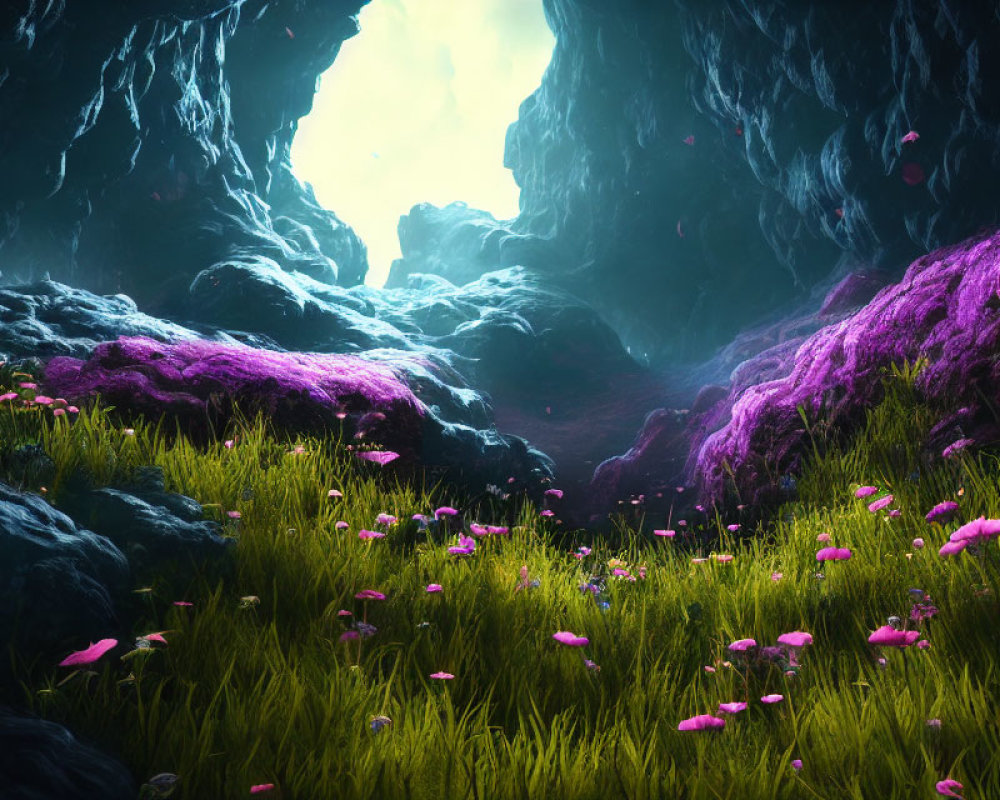 Sunlit Cave with Green, Purple, and Pink Flora