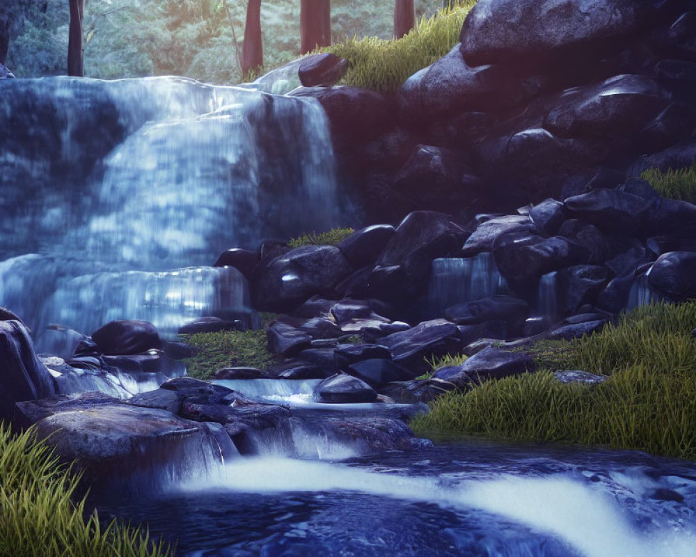 Tranquil forest scene with serene waterfall and lush greenery