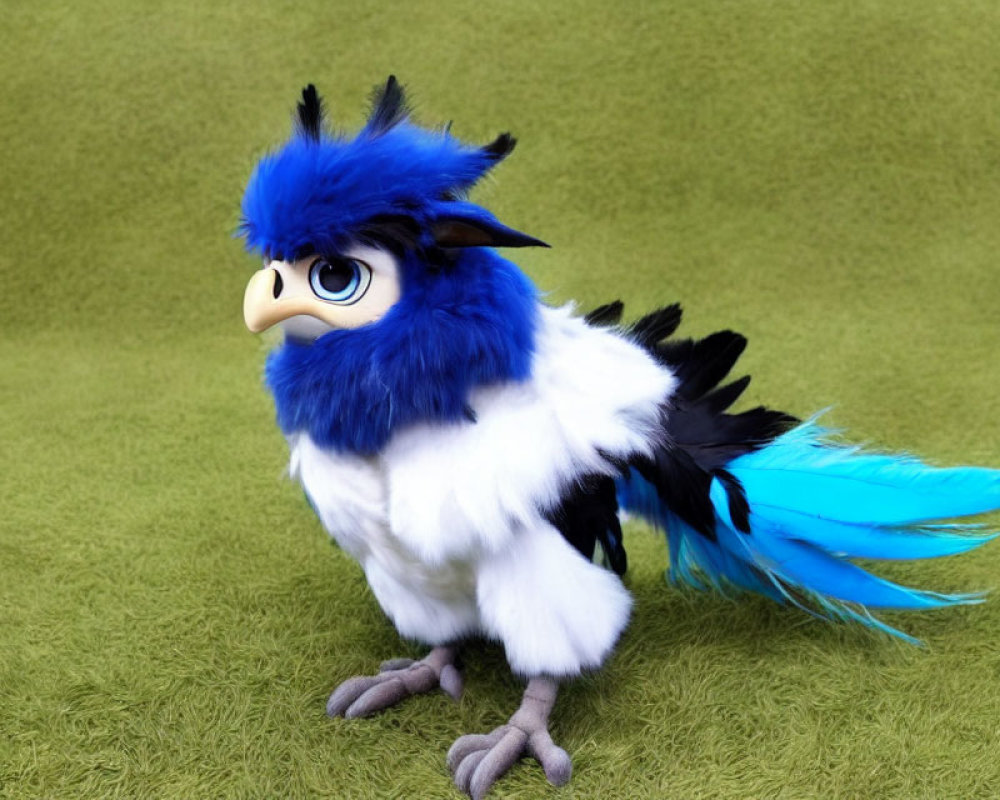 Whimsical blue and white bird plush toy on artificial grass