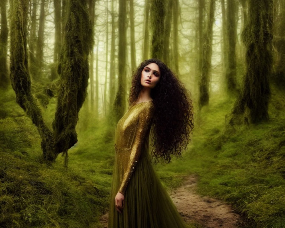 Woman in Golden-Green Dress on Misty Forest Path