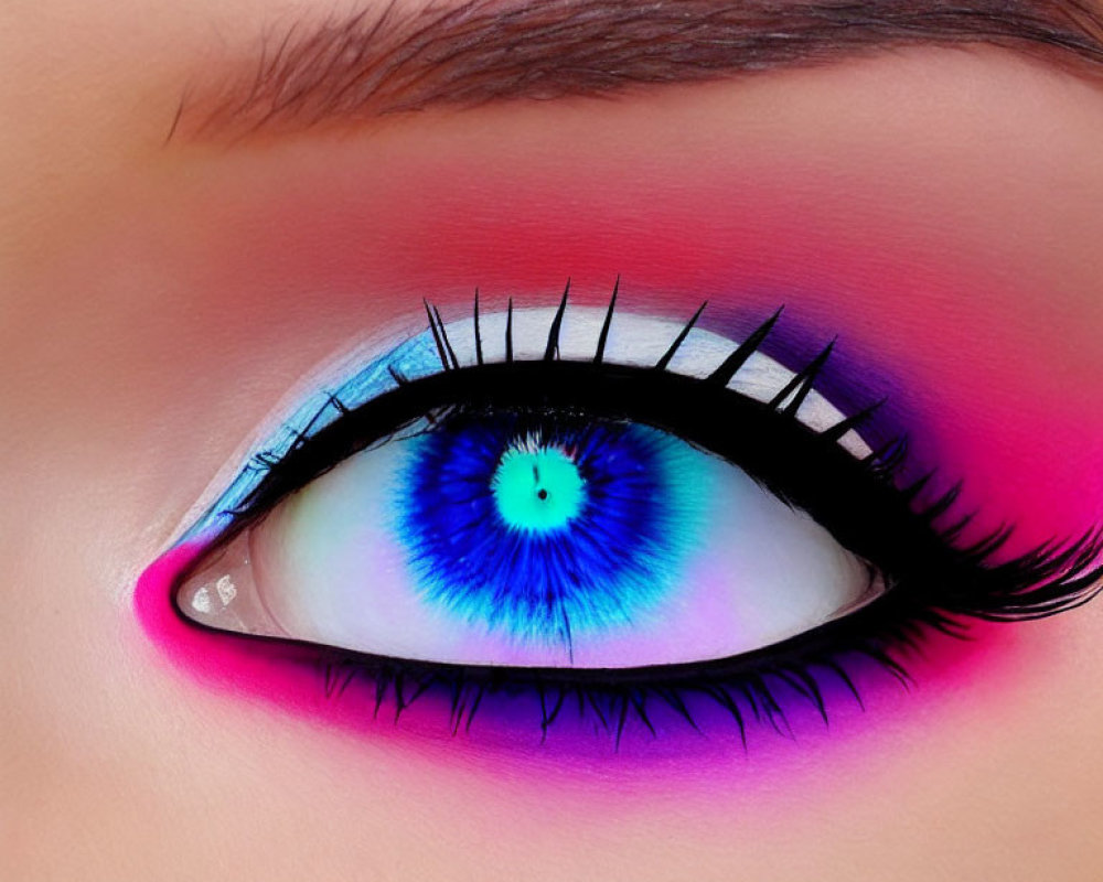 Detailed Close-Up of Vibrant Pink and Blue Eyeshadow with Black Eyeliner