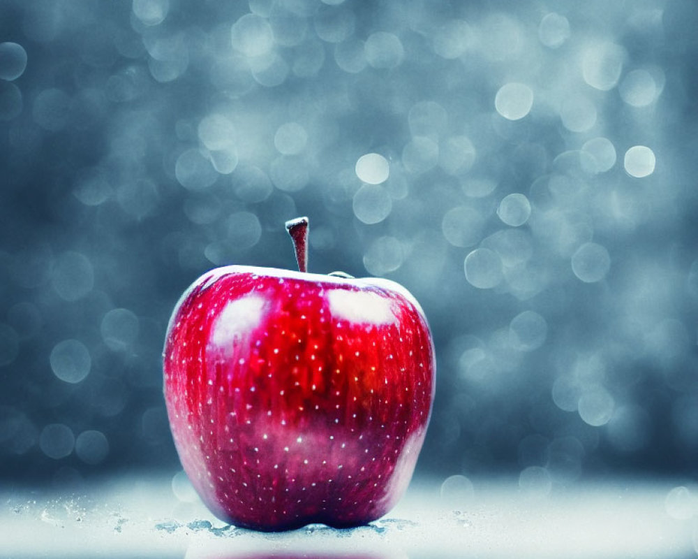Red apple with water droplets on shiny surface, blue bokeh background