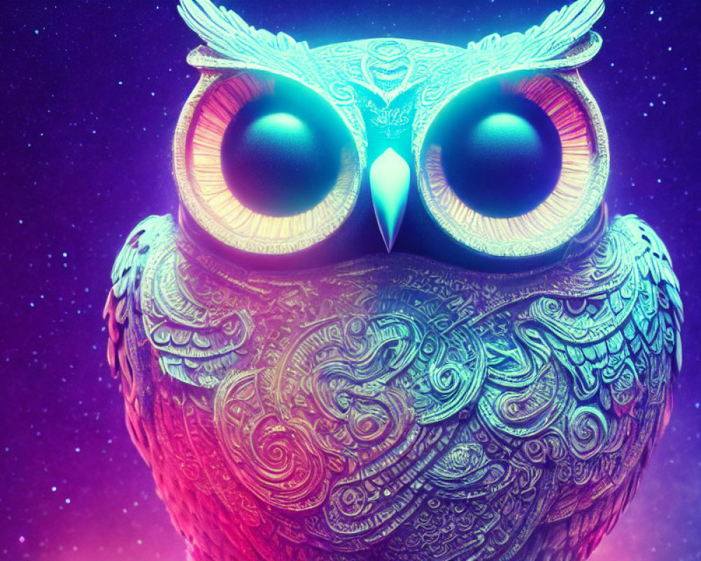 Colorful digital artwork: Patterned owl with luminous eyes on cosmic background