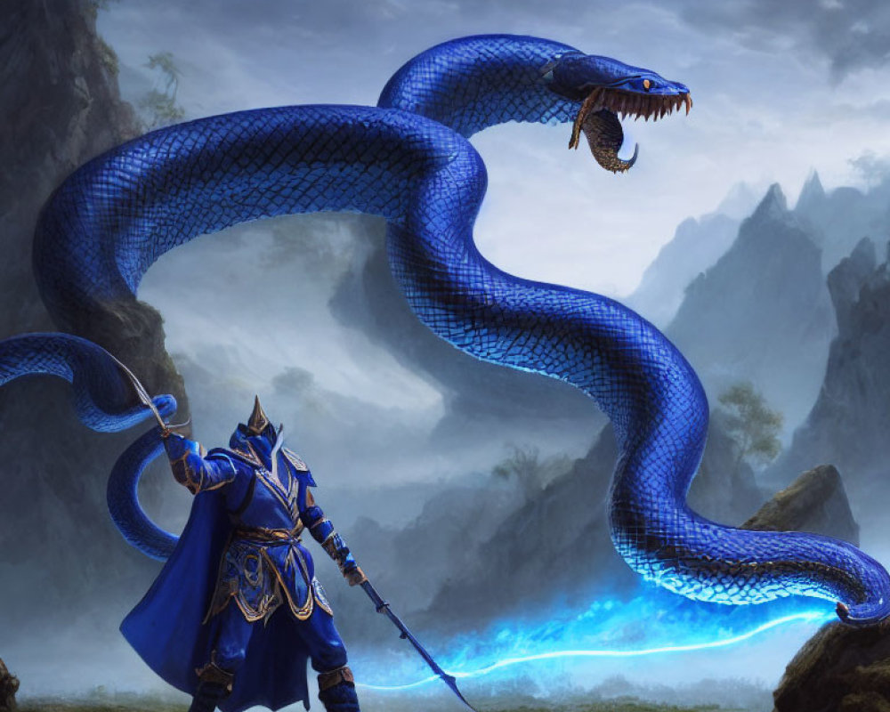 Blue-armored knight confronts giant serpent in rocky landscape with crackling magic energy