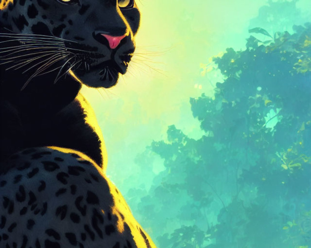 Illustration of black jaguar with blue eyes in sunlit jungle