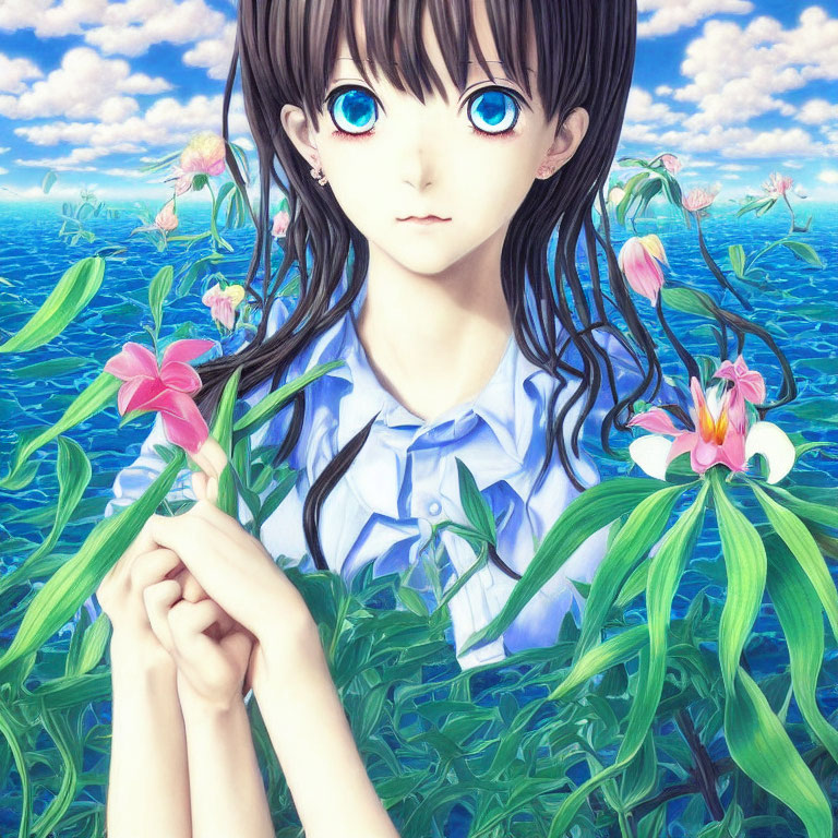 Anime-style girl with blue eyes and long hair in field with pink flower