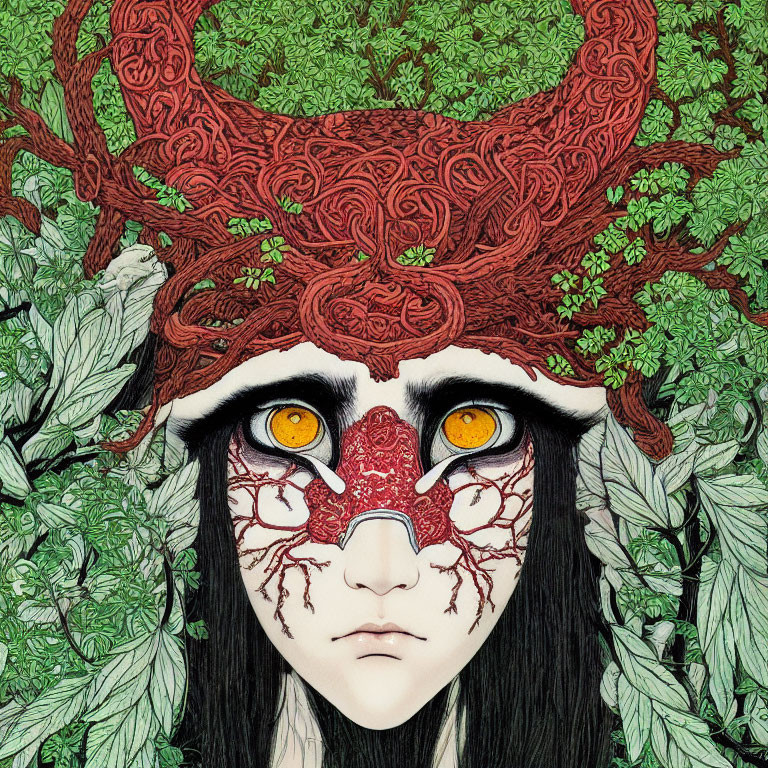 Detailed illustration of figure with red antlers, ornate facial markings, and yellow eyes in green foliage