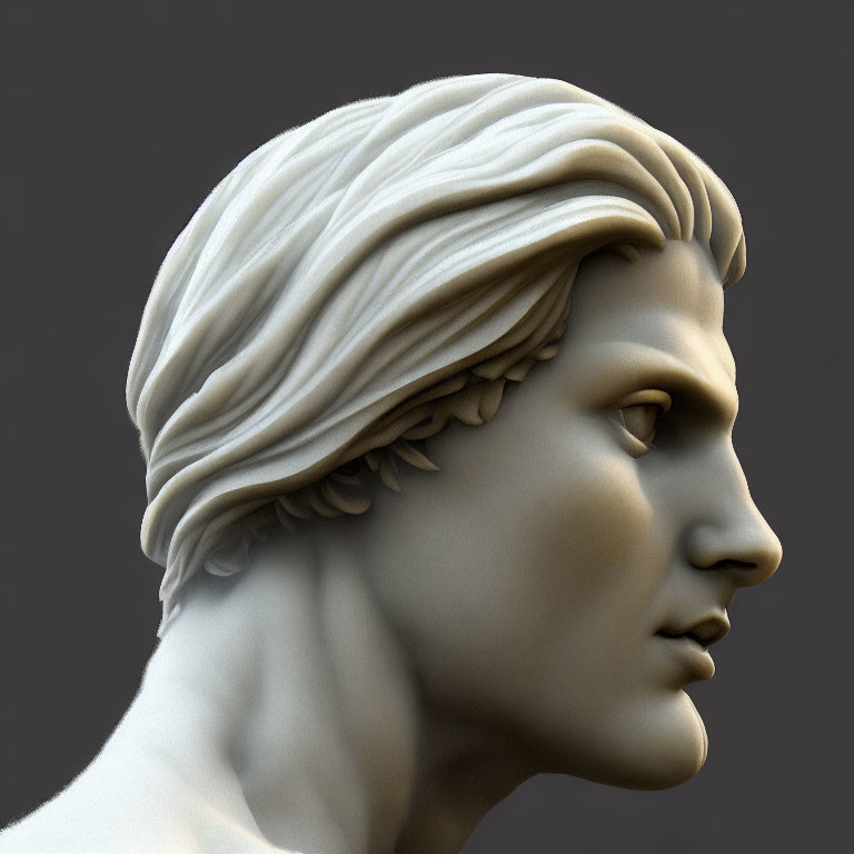 Classical sculpture bust profile with detailed hair and leaf headband