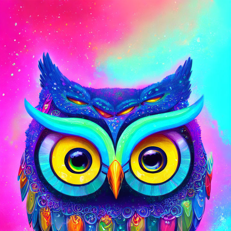 Colorful Owl Illustration with Intricate Patterns and Yellow Eyes on Starry Background