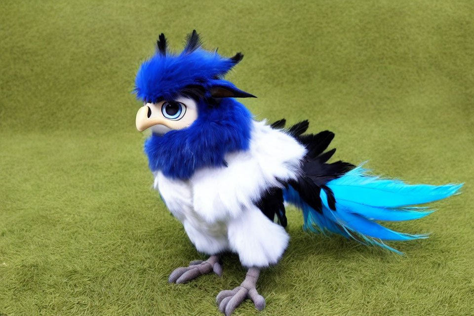 Whimsical blue and white bird plush toy on artificial grass