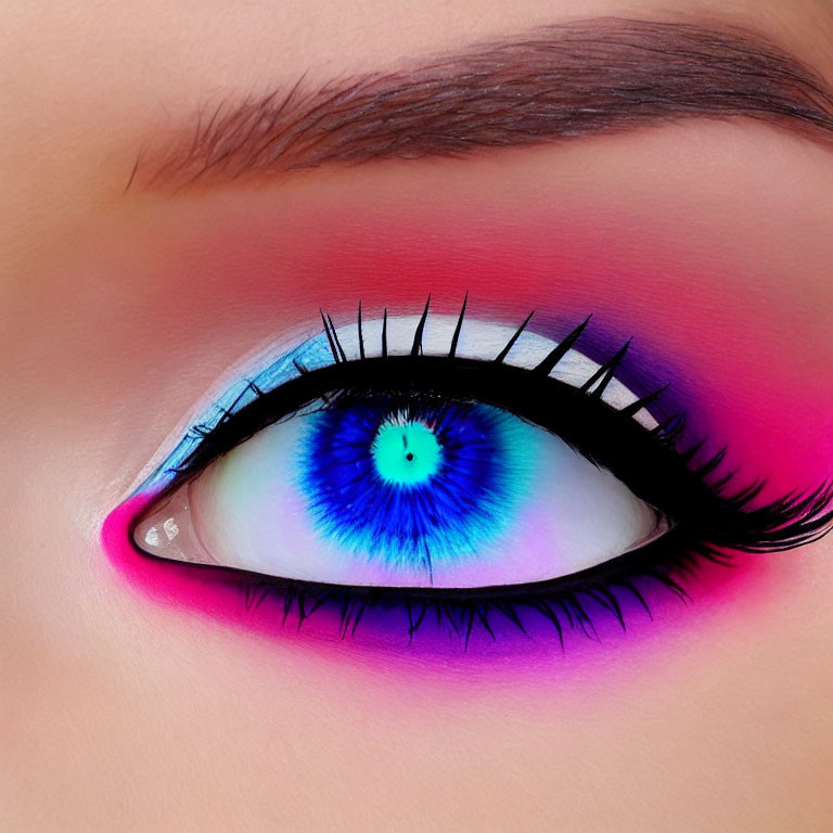 Detailed Close-Up of Vibrant Pink and Blue Eyeshadow with Black Eyeliner